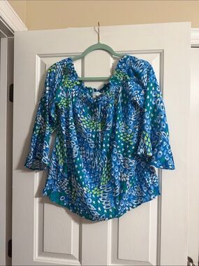 Escapada Colorful Off the Shoulder Flutter Sleeve Spotted Blouse Size Large